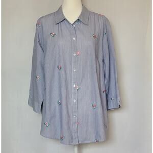 Allison Daley Plus Embroidered Floral Blue/White Stripe Womens Blouse Top Sz:22W
